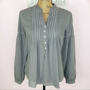 Converse One Star Striped Puntuck Pleat Henley Blouse Gray Medium Long Sleeve